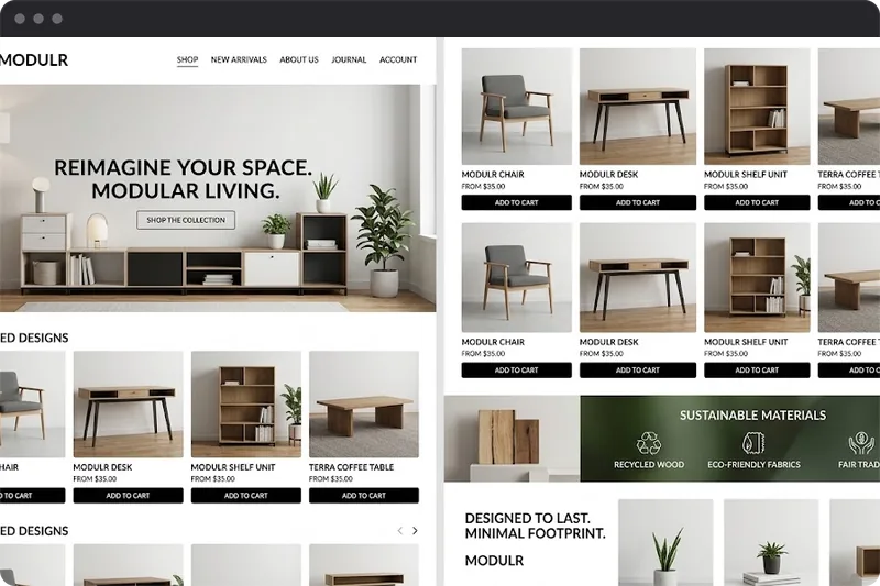 Sito e-commerce di arredamento Modulur, con la pagina prodotti in legno