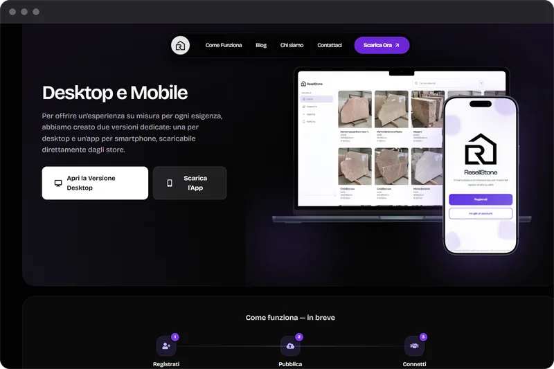 Sezione app del sito Resellstone con la versione desktop e mobile della piattaforma