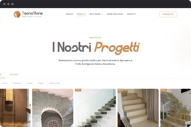 Pagina "I nostri progetti" del sito di Tecnostone con le opere in pietra