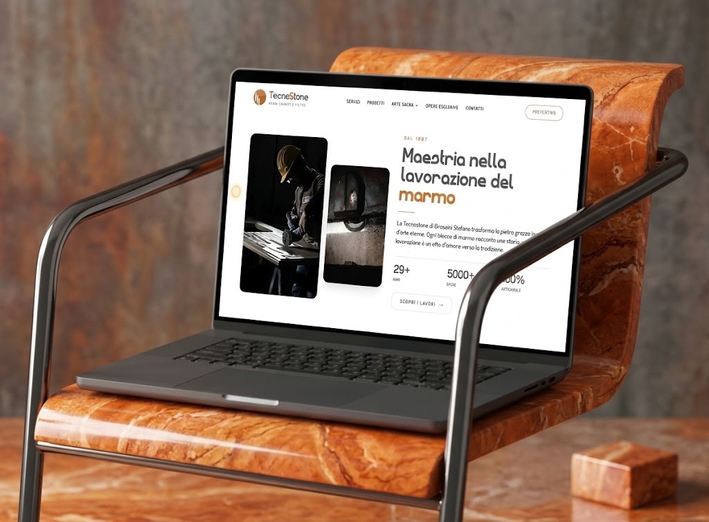 Sito web di Tecnostone mostrato su un portatile appoggiato a una sedia in marmo